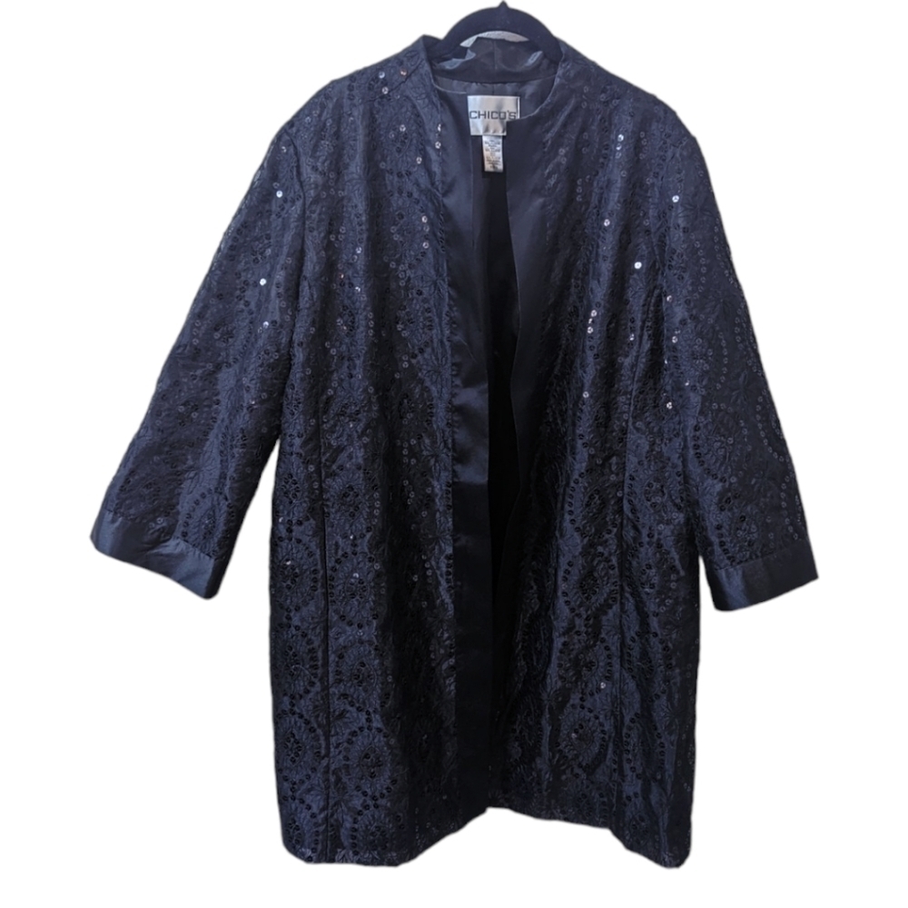 Chico's Embroidered Sequinned Black Taffeta Open Front Evening Topper (L)